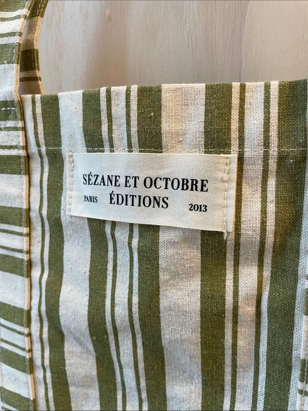 Sézane tote green creme striped Octobre Editions